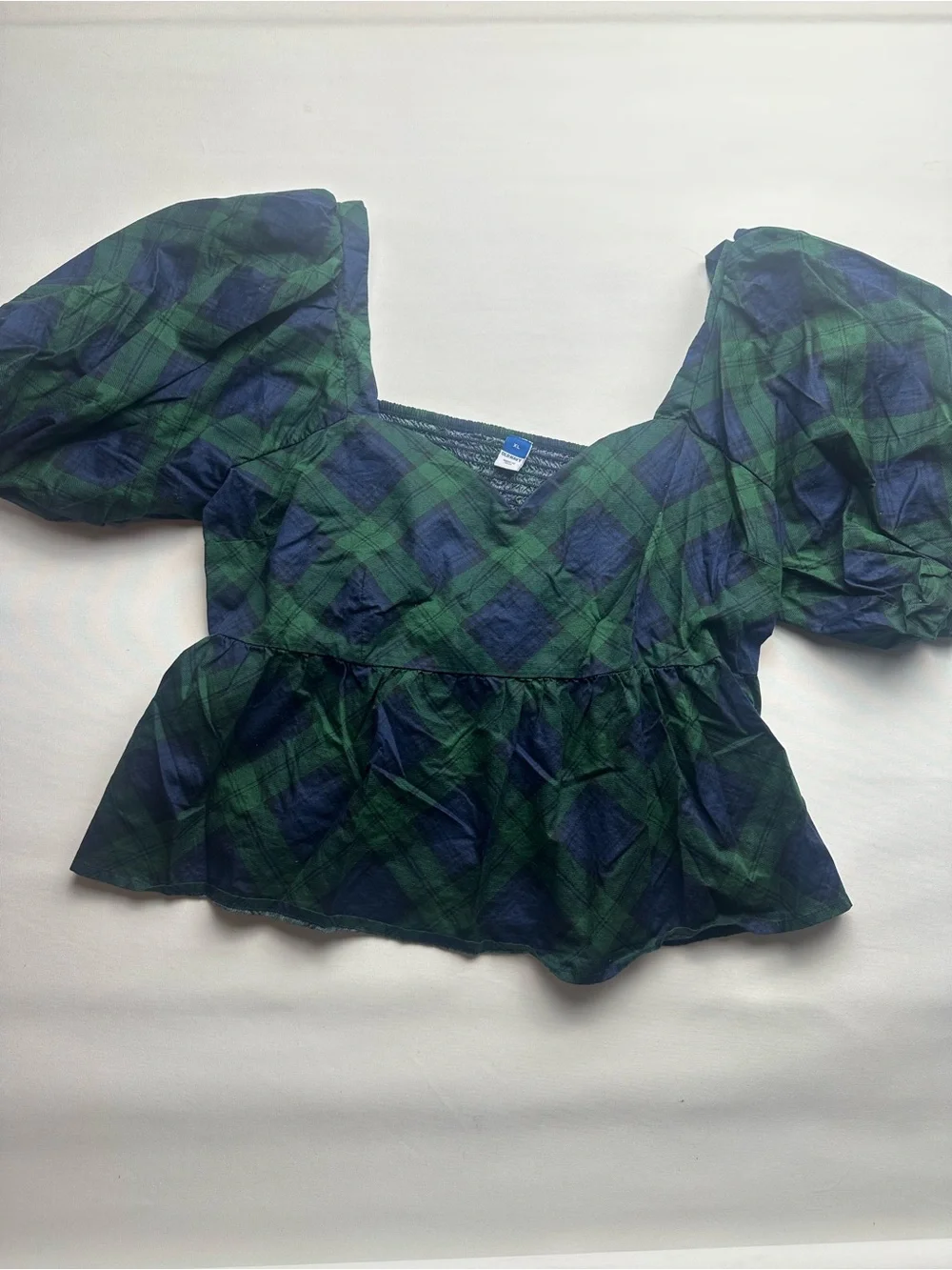 2 Old Navy Puff Sleeve Peplum Tops- Red and green blue checkered.